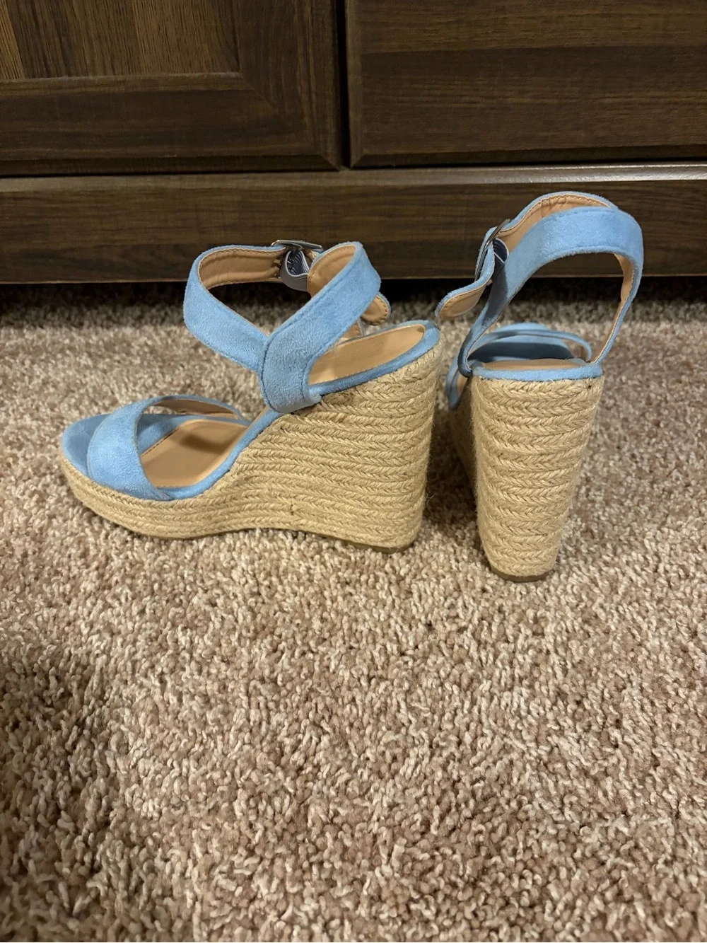 Wild Diva Light Blue Suede Ankle-Strap Wedge Sandals - Picture 2 of 5